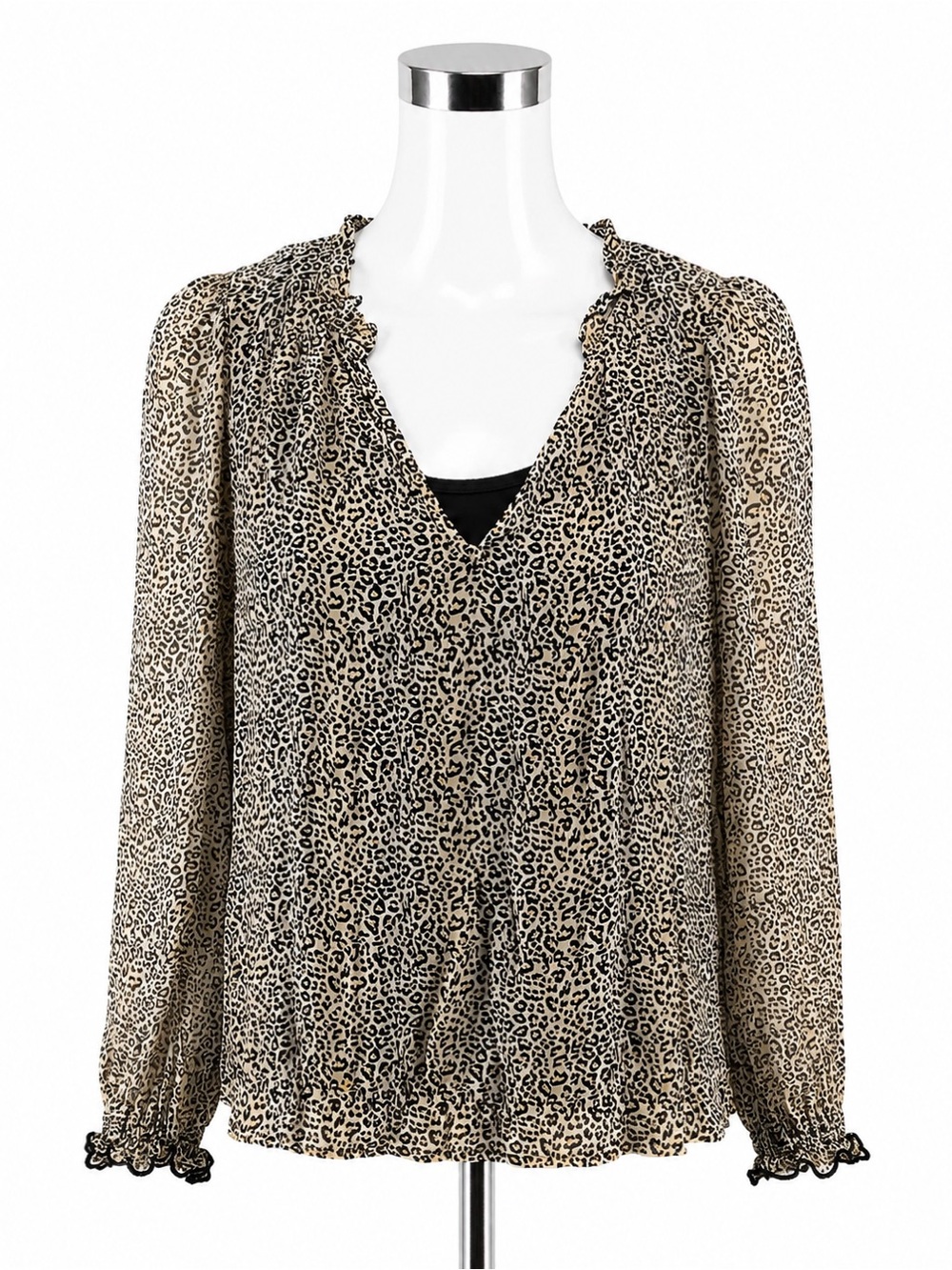 Velvet by Graham & Spencer Beige and Black Leopard Print Long Sleeve Blouse